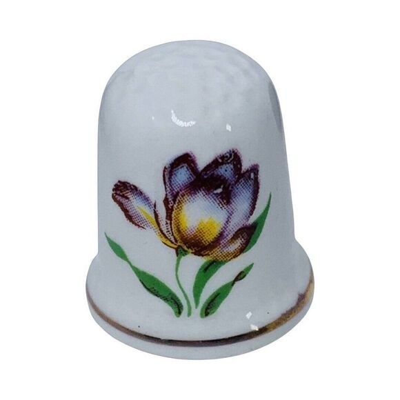 Vintage Las Vegas Purple Flower Sewing Thimble 1" White Ceramic Gold Trim - Picture 1 of 6